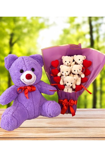 Linalux Gifts Gift for a Girlfriend 35cm Purple Teddy Bear and Bouquet of Teddy Bears with Lots of Hearts Romantic Gift Special for Your Loved One