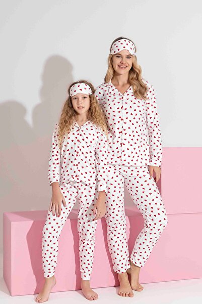 Tarık Mother-Daughter Matching Buttoned Suede Long Sleeve Sleep Band Family Matching Pajama Set-3979