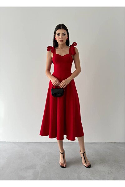 ETİKAFASHION Kalp Yaka Fiyonk Askılı Kloş Midi Ebise