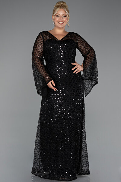 Abiyefon Siyah Uzun Kol V Yaka Boncuklu Büyük Beden Abiye ABU5243