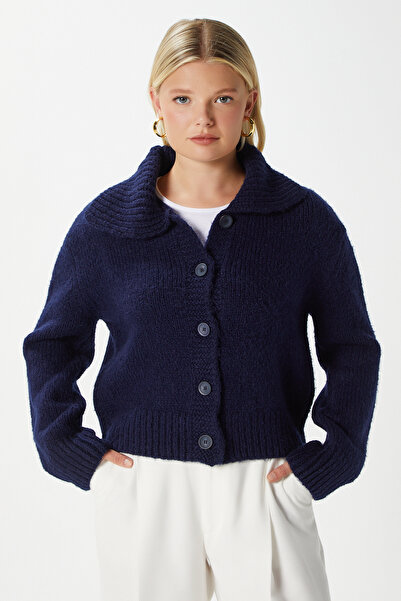 Ritnice Women's Lean Soft Texture Polo Neck Navy Blue Basic Knitwear Cardigan Hi00179