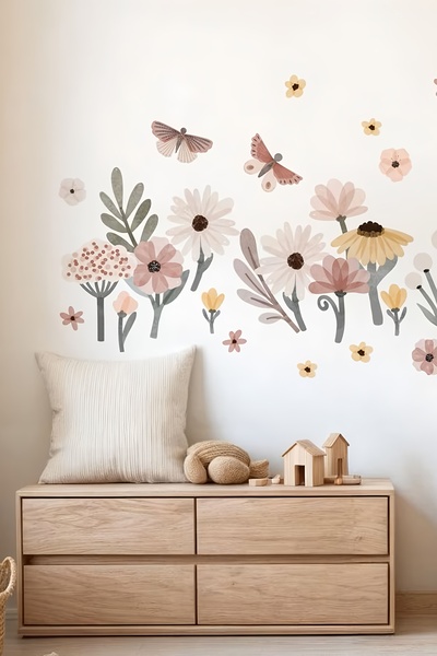 Grafikup Watercolor Boho Floral Wall Sticker Set - Kids Room Decor Set