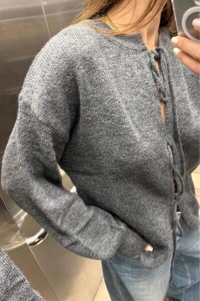 Noi Belis Soft Textured Ribbon Tie Detail Knitwear Cardigan Aw25Hi0034