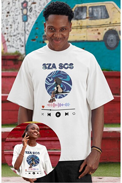 Fuddy Moda Tricou unisex cu imprimeu Sza Sos Track, tricou oversize cu gât cr...