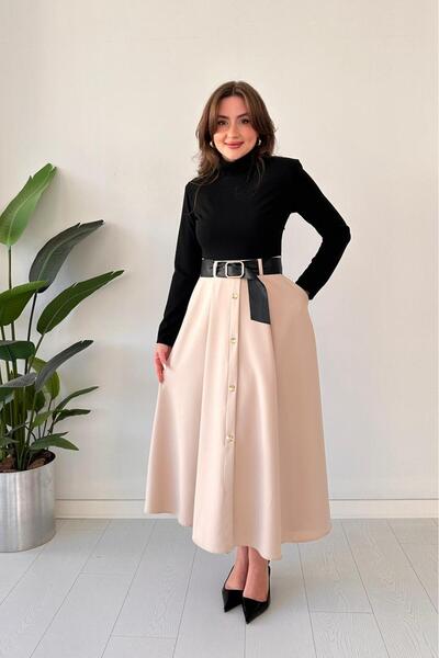MaziButik Belted Contrast Dress Black
