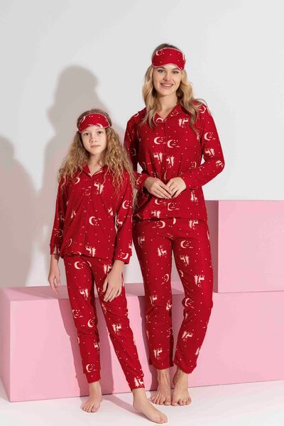 Tarık Mother-Daughter Matching Suede Long Sleeve Paddy with Buttons and Sleep Band Family Bonding New Year Pajama Set-3178