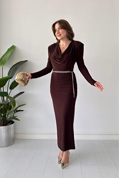 MaziButik Padded Chain Belt Dress Brown