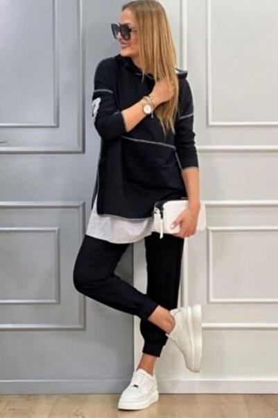 JANES New Season Women's Hooded Skirt with Embroidered Detail at the Hem, Reverse Stitching Look, Two-Piece Set