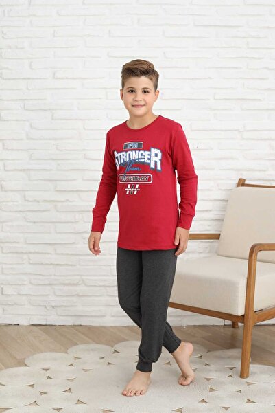 Şekerkids Boy's Cotton Combed Fabric Pajama Set with Red-Smoke Color Text Detail