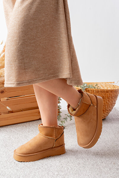 SİLİYA Mini Dark Suede Fur Lined Thick Sole Women's Boots