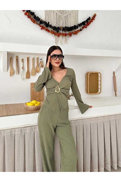 SEVENLINE Women's Double-Breasted Buckle Double Blouse-Pants Set