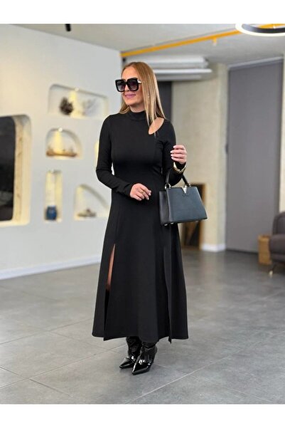 EyesOf Women's Turtleneck Drop Detail Slit Long Viscose Two Thread Maxi Dress