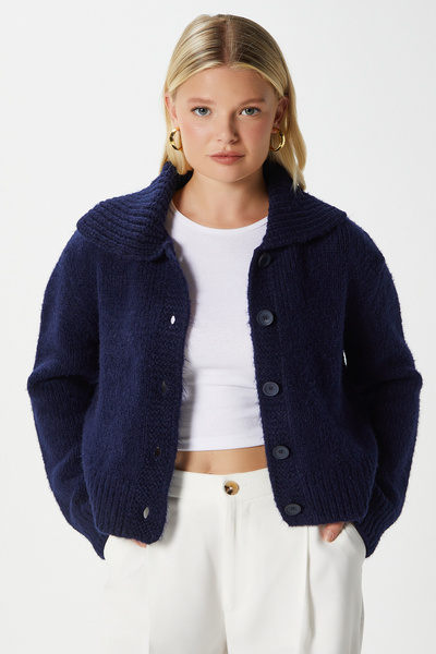 Ritnice Women's Lean Soft Texture Polo Neck Navy Blue Basic Knitwear Cardigan Hi00179
