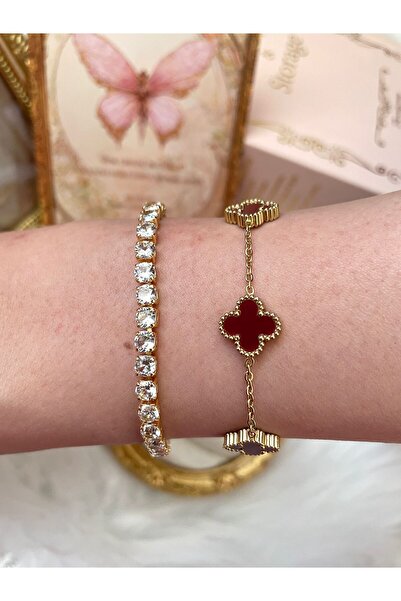 perry accessories çift taraflı çelik yonca bileklik ve taşlı çelik kadın bile...