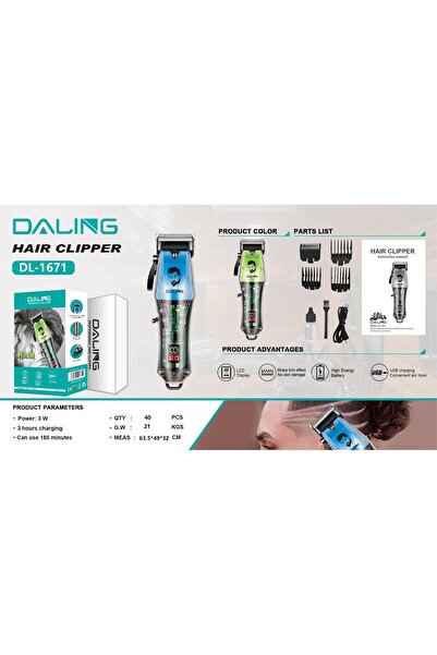 daling Professional Hair Trimmer for Men, Barber Clipper, Transparent Body, LED Display, Cordless