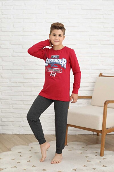 Şekerkids Erkek Çocuk Pamuklu Penye Kumaş Kırmızı-Füme Renk Yazı Detaylı Pijama Takımı