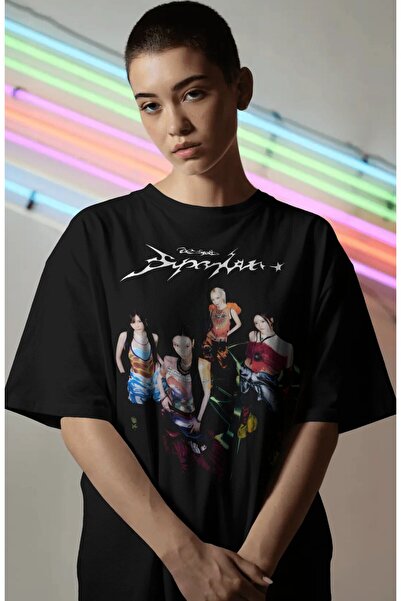 Fuddy Moda تي شيرت مطبوع للجنسين من Aespa، تي شيرت أسود كبير الحجم ذو طابع Kpop برقبة دائرية