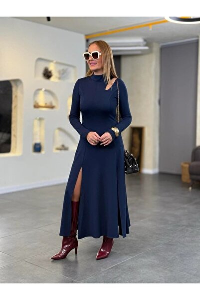 My Reality Fashion Women's Turtleneck Drop Detail Slit Long Viscose Two Thread Maxi Dress