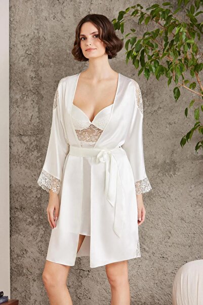 Mavelle Ecru Satin Dressing Gown Nightgown Pajama Set with Shorts, Slippers, Gift Bridal Dowry Set