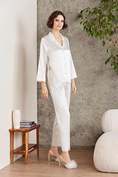 Mavelle Ecru Satin Dressing Gown Nightgown Pajama Set with Shorts, Slippers, Gift Bridal Dowry Set