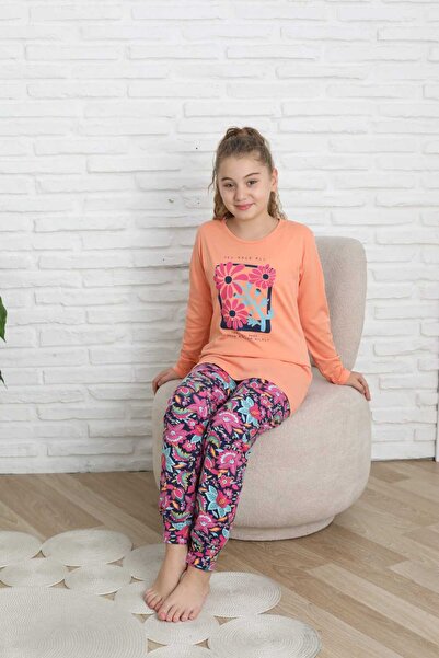Şekerkids Girls' Cotton Combed Fabric Orange-Purple Color Floral Detailed Pajama Set