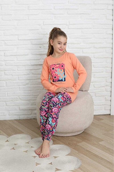 Şekerkids Girls' Cotton Combed Fabric Orange-Purple Color Floral Detailed Pajama Set