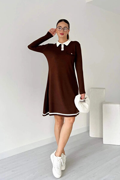 MOZENA Polo Yaka Uzun Kollu Modal Elbise