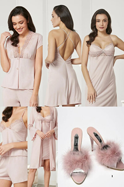 Mavelle Bridal Dowry Set Combed Cotton 6-Piece Set Nightgown&Robe&Shorts Set&Pajama Set with Slippers Gift