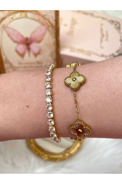 perry accessories مجموعة أساور من الفولاذ على شكل ورقة البرسيم ذات وجهين، طقم...