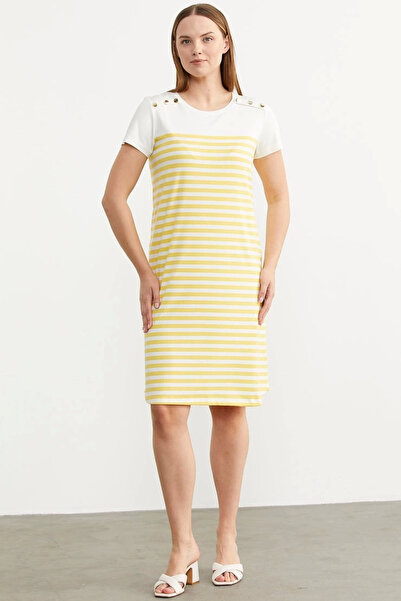 fantastik store Sementa 77482 Button Detailed Striped Combed Cotton Dress