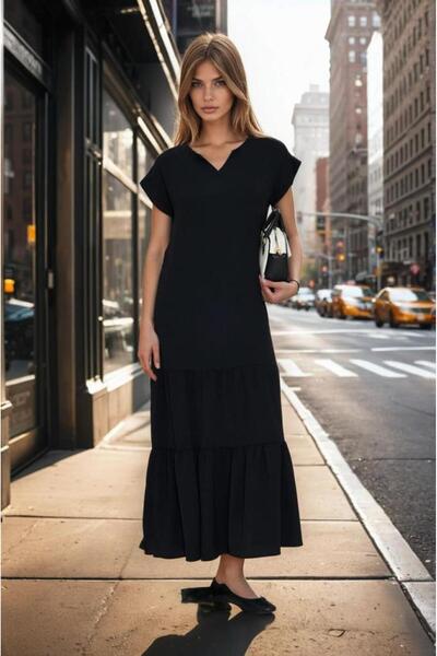 Pasaklı Giyim Women's Black Long Skirt Ruffled Short Sleeve Epaulette Detail Loose Casual Comfortable Dress 3761366