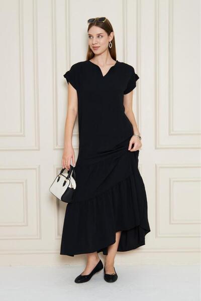 Pasaklı Giyim Women's Black Long Skirt Ruffled Short Sleeve Epaulette Detail Loose Casual Comfortable Dress 3761366