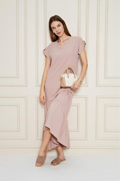 Pasaklı Giyim Γυναικεία μακριά φούστα σε πούδρα με βολάν κοντό μανίκι με λεπτομέρεια επολέτας χαλαρό καθημερινό άνετο φόρεμα 3761366