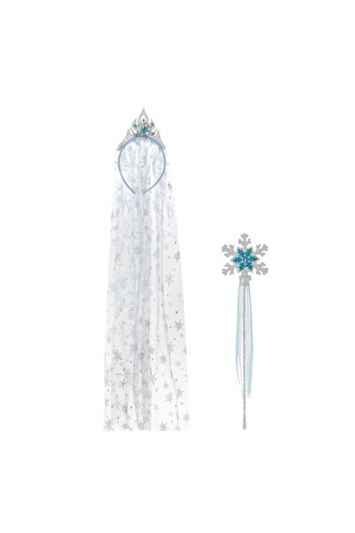 OEM Set Coronita Par cu Voal Lung & Bagheta cu Fulb Bleu Argintiu Glitter Mar...