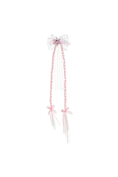 OEM Hair Clip with Bow Braided Ponytail White Pink for Children 34cm