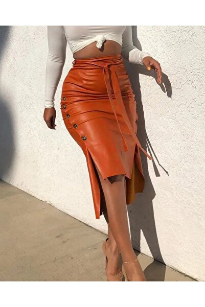 Giyimodam Fusta mini din piele pentru femei, cu talie înaltă, cu nasturi laterale