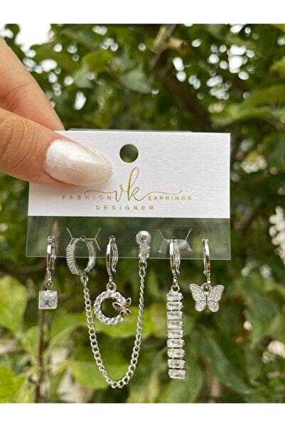 perry accessories altılı çelik zirkon küpe 3 çift kalp ,kelebek,yıldız,fiyonk figürlü kuzey yıldızı set küpe