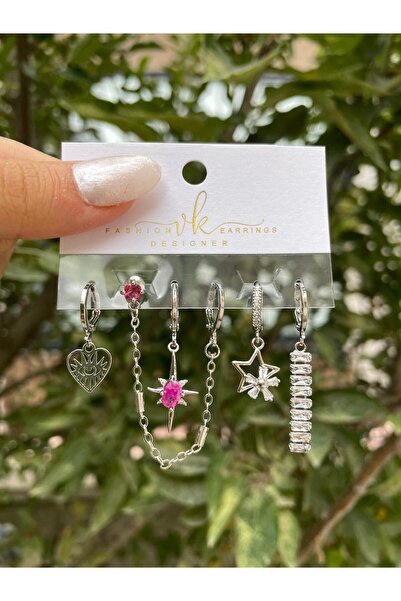 perry accessories altılı çelik zirkon küpe 3 çift kalp ,kelebek,yıldız,fiyonk figürlü kuzey yıldızı set küpe