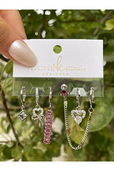 perry accessories altılı çelik zirkon küpe 3 çift kalp ,kelebek,yıldız,fiyonk figürlü kuzey yıldızı set küpe