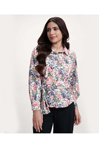 Zigzag Long Sleeve Waist Tie Printed Top