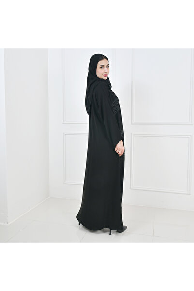 HAWRAA عباية سوداء لف مزينة بشك وتطريز على جانبي العباية