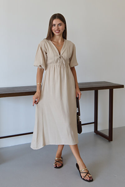 adba style Kadın Hafif Transparan Basic Önden Bağlamalı Müslin Elbise 4043