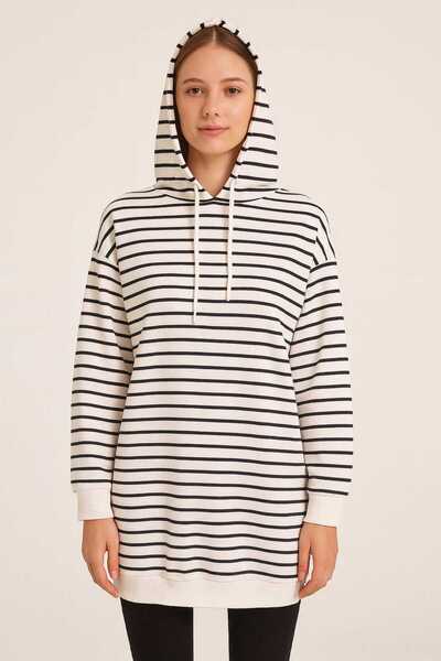 ECK MODA Γυναικείο ριγέ υφασμάτινο μακρυμάνικο τουνίκ με κουκούλα