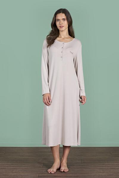 Pijadore Cămașă de noapte pentru femei, culoare nurcă, cu jumătate de nasturi, cu mânecă lungă, lungime maxi C3T4N91