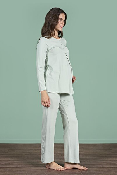 Pijadore Women's Green Color Half Button Long Sleeve Maternity Pajamas Set C6T4N91