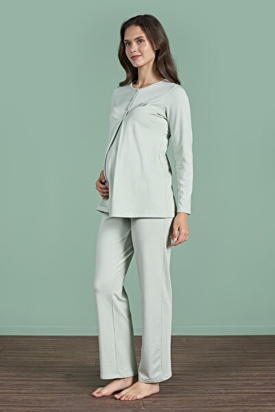 Pijadore Women's Green Color Half Button Long Sleeve Maternity Pajamas Set C6T4N91