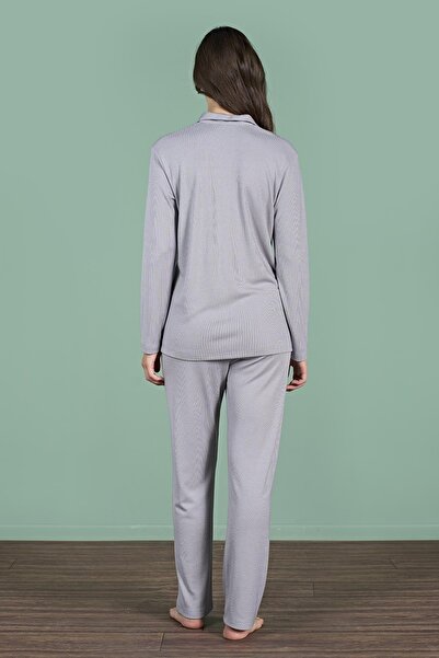 Pijadore Women's Grey Color Front Buttoned Long Sleeve Shirt Collar Pajama Set C1T4N91