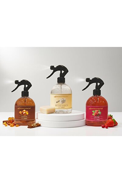 MOUVEMENT 500 Ml 3’lü Oda Spreyi Seti – Amber, Beyaz Sabun ve Çilek Ferahlığı