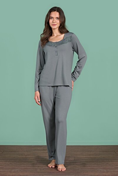 Pijadore Set de pijamale cu mâneci lungi, cu detalii din dantelă, de culoare ...