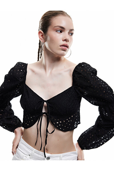 Koton Balloon Sleeve Tie Neck Long Sleeve Fishtail Crop Blouse